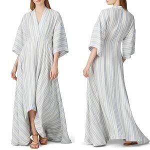 CO Dress Striped Linen Blend 3/4 Sleeve V-Neck High Low Maxi Blue & White S